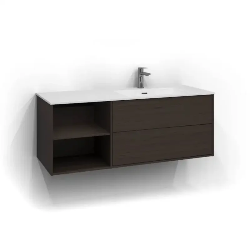 Tvättställsskåp Svedbergs Epos 120x45Brun Ask, Plan, 2 lådor och 2 öppna hyllor, Push open, Höger Populär